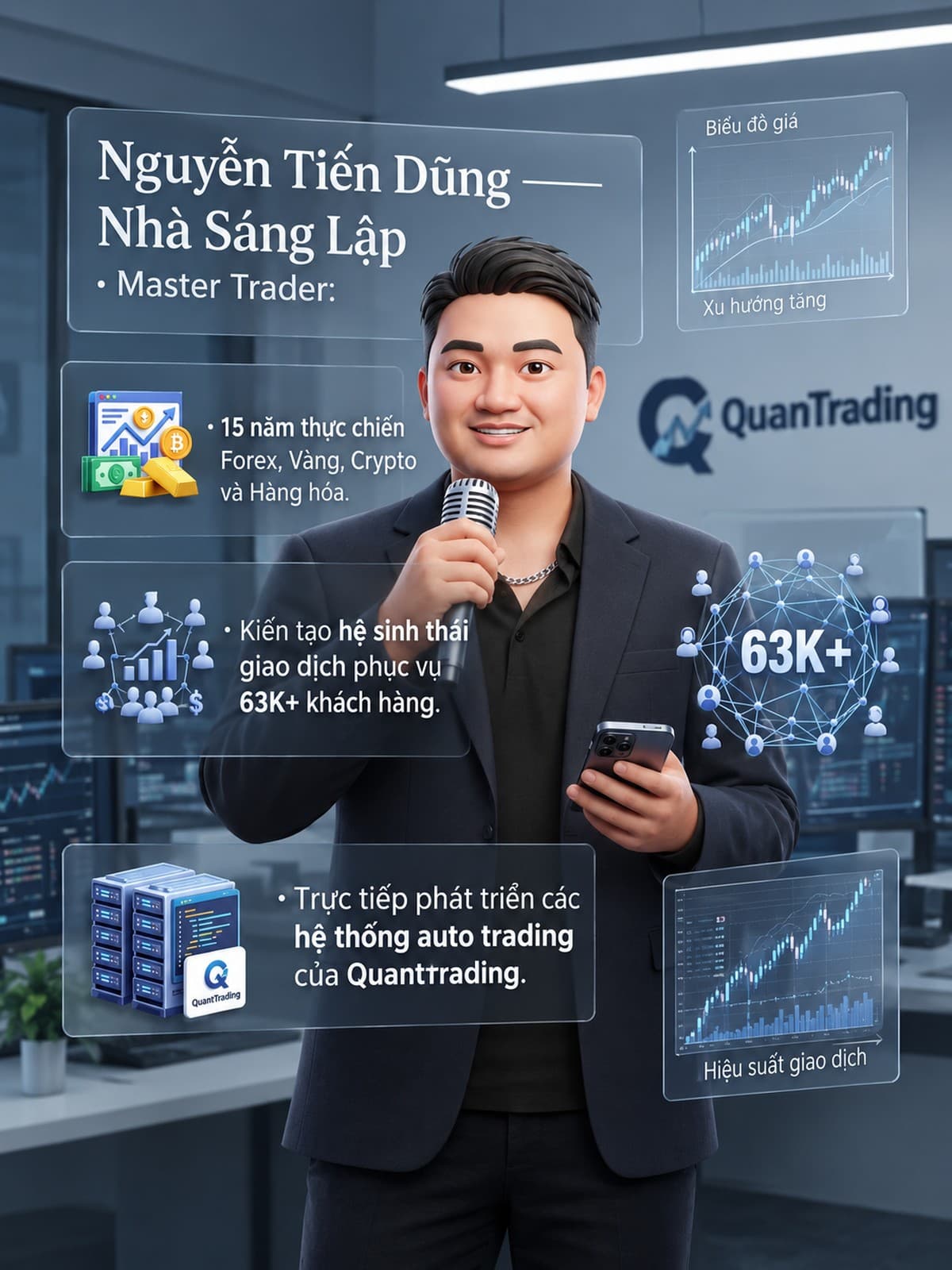 Nguyễn Tiến Dũng — Nhà sáng lập, Master Trader. 15 năm thực chiến Forex, Vàng, Crypto và Hàng hoá. Kiến tạo hệ sinh thái giao dịch phục vụ 63K+ khách hàng; trực tiếp phát triển các hệ thống auto trading của QuantTrading.